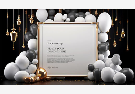 Gold Frame Celebration Mockup: Balloons & Decorations on Black Background - Perfect for Birthday, Wedding, and More! 3D Rendering Stock Photo Celebration