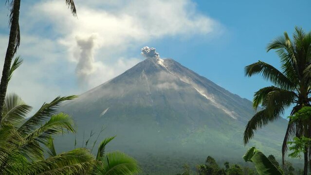 Eruption of Volcano Semeru on the island of Java. The volcano emits ash and smoke. Natural disaster. December 2022.