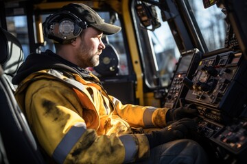 The driver mechanic checks the condition and performance of industrial excavator components before working on open coal.