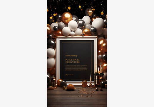 Black and Gold Celebration Birthday Wedding Mockup Frame with Balloons, Candles, and Candlesticks on Table and Wall