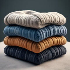 Knitted sweaters of different colors are folded and lie on a wooden table in a pile one on top of the other.