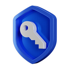 Silver key icon with 3d security blue shield on transparent background. Password safety sign. Internet and data concept badge illustration.