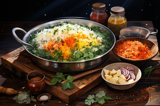 Indian Cuisine: A watercolor portrayal of Indian dishes like biryani, samosas, and sweets within the saffron, white, and green tricolor, representing the country's culinary heritag