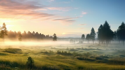 misty meadow scenery north landscape illustration green view, scenic mist, trees environment misty meadow scenery north landscape - obrazy, fototapety, plakaty