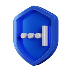 Silver password sign with 3d security blue shield on transparent background. Password safety icon. Internet and data concept badge illustration.