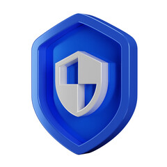Silver security icon with 3d blue shield on transparent background. Defense safety sign. Internet and data protection concept badge illustration.