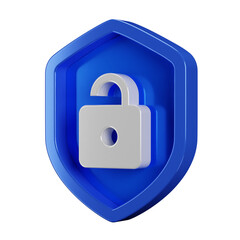 Silver unlock icon with 3d security blue shield on transparent background. Password safety sign. Internet and data concept badge illustration.