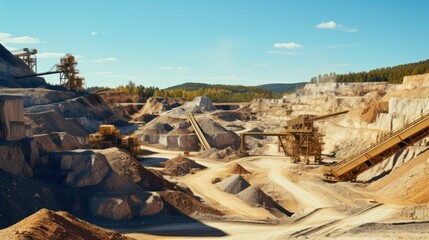 Sand quarry banner, Industrial plant with belt conveyor in open pit mining. - obrazy, fototapety, plakaty