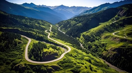 aerial mountain road alpine landscape illustration green scenery, forest car, above highway aerial mountain road alpine landscape