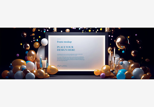 Birthday Wedding Celebration Frame Mockup with Balloons, Candles, and Black Background