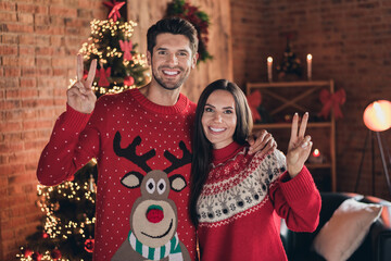 Photo of two couple students friendly show double v sign wearing red sweaters with traditional print isolated on home decor xmas background