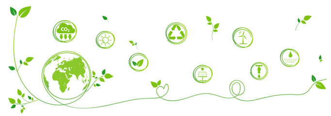 Green banner design for Sustainability development, Ecology, Eco friendly, Earth day and World environment day, Vector illustration - obrazy, fototapety, plakaty