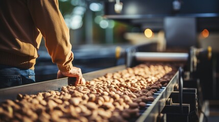 Worker man control quality product on automatic conveyor belt for transporting cedar nuts.