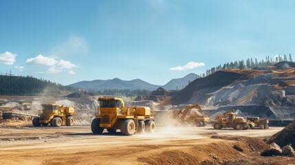 Excavator loading sand to industrial truck on industry quarry. - obrazy, fototapety, plakaty