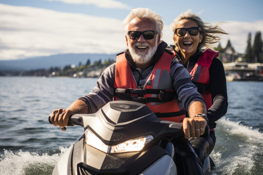 Cheerful senior Caucasian couple in life vests riding jet ski on a lake or along sea coast. Active elderly persons having fun on water scooter. Healthy lifestyle for retired people.