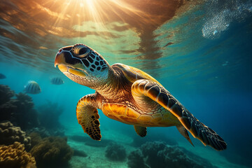 The sea turtle gracefully glides through the ocean, sunlight piercing through the water's surface, illuminating its path