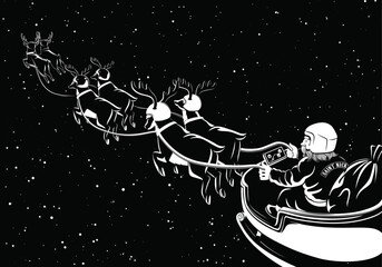 Biker Santa on his sleigh at night - obrazy, fototapety, plakaty