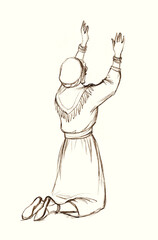 Pencil drawing. Woman pray to God