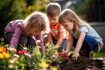 Children Exploring Nature Together in Springtime