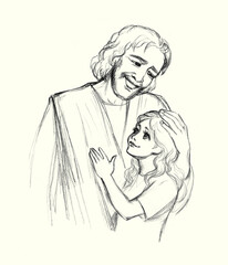 Pencil drawing. Jesus hugging a child