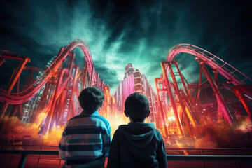 Futuristic Children Watching Roller Coaster at Night