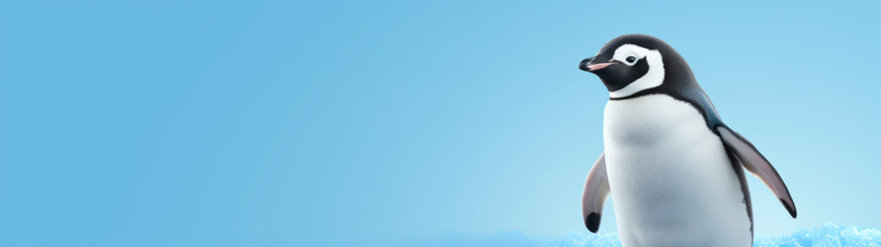 anner with cute penguin on isolated blue background. Postcard with copy space. Generative AI