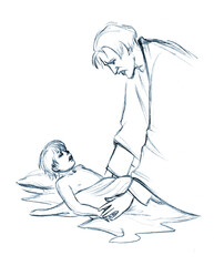 Pencil drawing. Healing the widow's son