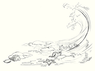 Pencil drawing. The waves threw shells and stars ashore