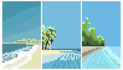 Fotobehang pixel art card. landscape. 8bit arcade seascape vector background or 16 bit console sea sunset backdrop  Indie pixel game tropical nature screen wallpaper, 8 bit pixel art,  © Xharites