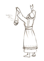 Pencil drawing. The priest lifts up the incense before God - obrazy, fototapety, plakaty