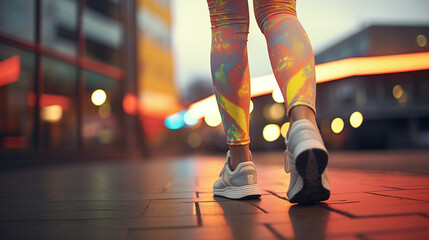 Close-up view of woman slim legs in leggins at the sity street, night lights background. Female...