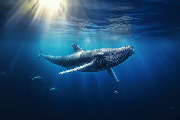 Fototapeta premium A gigantic humpback whale swimming under the aquatic ocean surface. Generative AI.