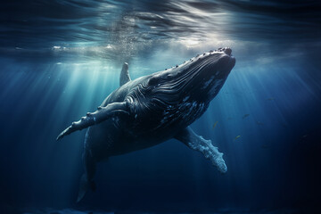 A gigantic humpback whale swimming under the aquatic ocean surface. Generative AI. - obrazy, fototapety, plakaty
