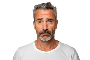 Studio portrait of upper half of a man showing facial expressions isolated on transparent png background. Human emotions, Face expressions.