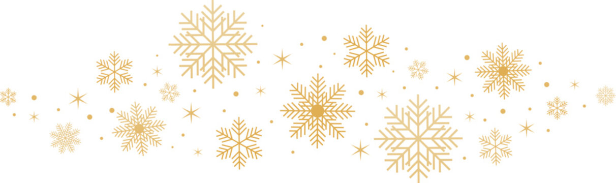 Gold snowflakes and stars on transparent background. Snowflakes and stars banner. New year illustration EPS 10