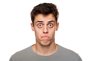 Fototapeta premium Studio portrait of upper half of a man showing facial expressions isolated on transparent png background. Human emotions, Face expressions.