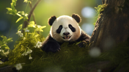 Obraz premium Cute baby panda on forest background. Generative AI