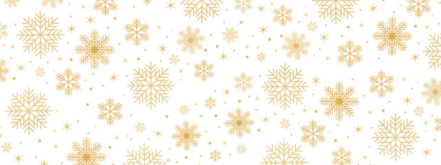 Gold snowflakes and stars on white background. Snowflakes and stars banner. New year illustration EPS 10
