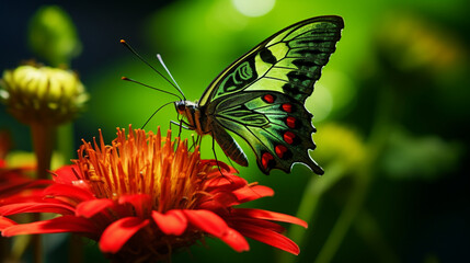 Green butterfly on orange flowers background. Generative AI