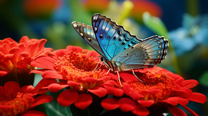 Blue butterfly on red flowers background. Generative AI