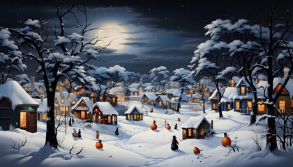 Halloween night village with pumpkins and cottages in snow