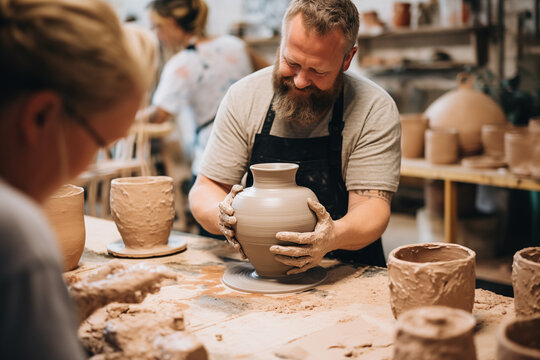 a man at a pottery master class makes a jug