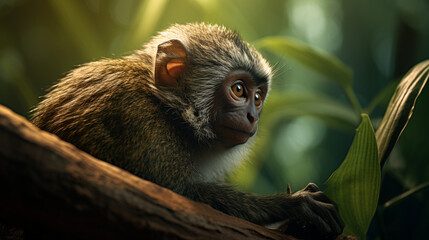 Banner with monkey on tropical forest background. Generative AI