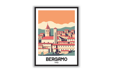 Vector art Bergamo, italy Travel Destination Posters in retro style. Exotic summer vacation, holidays concept. Vintage vector colorful illustrations. Design for art prints or banner design, wallpaper,