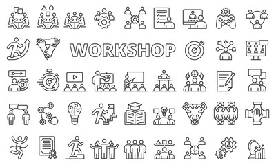 Fototapeta na wymiar Workshop icon set in line design. Training, Learning, Skills, Education, work, Business vector illustrations. Workshop editable stroke icons.
