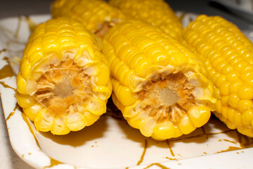 Closeup view of a boiled corn on the cob	