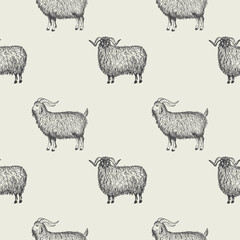 Seamless pattern with domestic animals ram and goat hand drawn with engraving vector illustration. Repeating cute background with horned goats and sheep for print, fabric, packaging, wrapping, paper