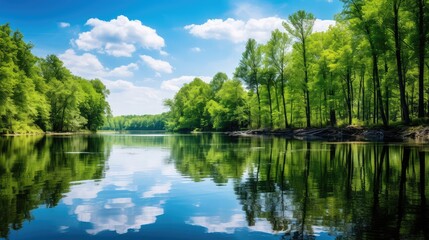 lake spring island pond landscape illustration water tree, forest sky, view green lake spring island pond landscape - Powered by Adobe