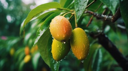 Fresh mangoes with raindrops hanging on mango tree.  Generative AI