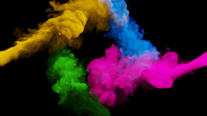 Clubs of multi-colored smoke collide from four sides on a black background. 3d illustration.
